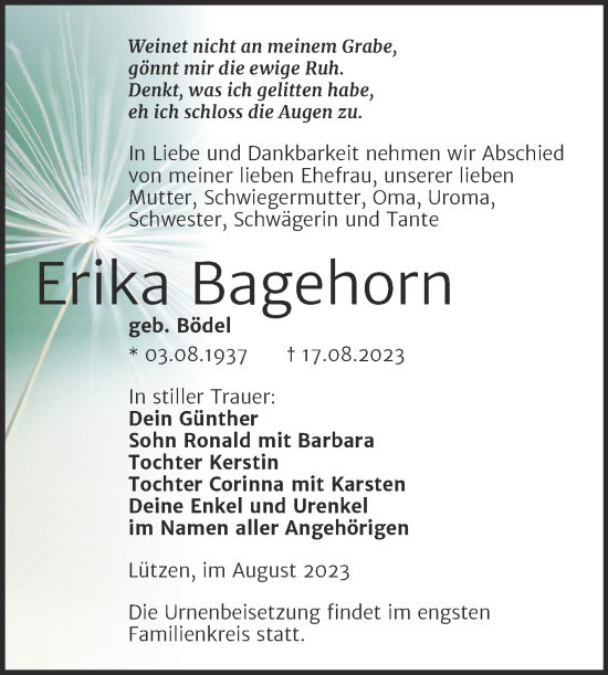 Traueranzeige von Erika Bagehorn von Trauerkombi Weißenfels