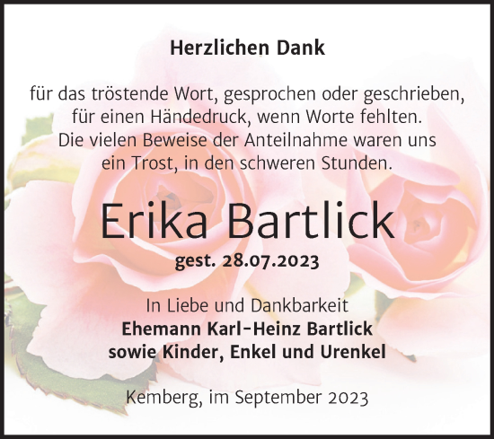 Traueranzeige von Erika Bartlick von Trauerkombi Wittenberg