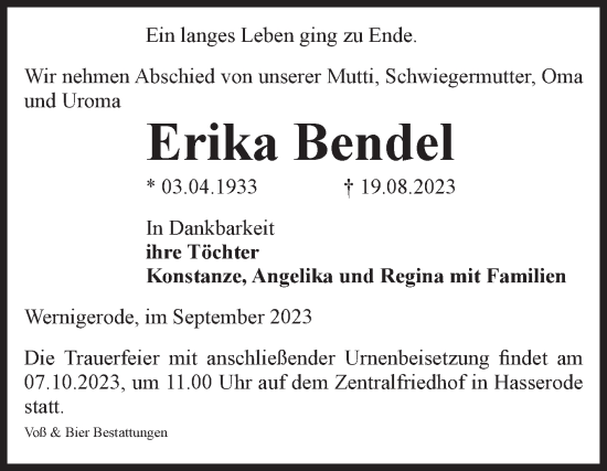 Traueranzeige von Erika Bendel von Volksstimme Wernigerode