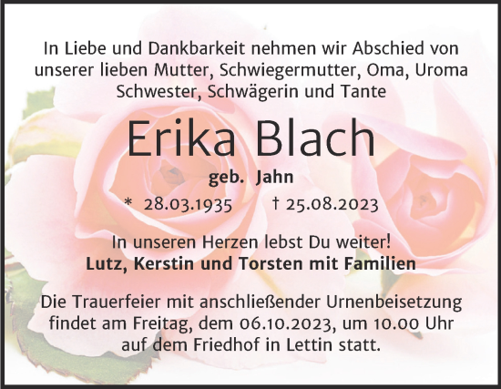 Traueranzeige von Erika Blach von Mitteldeutsche Zeitung Halle/Saalkreis