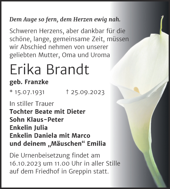 Traueranzeige von Erika Brandt von Trauerkombi Bitterfeld