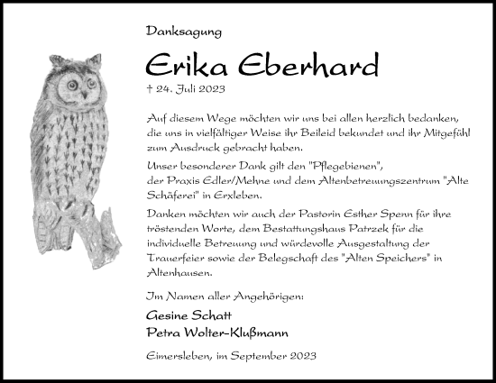 Traueranzeige von Erika Eberhard von Volksstimme Haldensleben/Wolmirstedt
