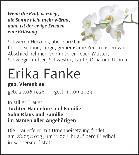 Traueranzeige von Erika Fanke von Trauerkombi Bitterfeld