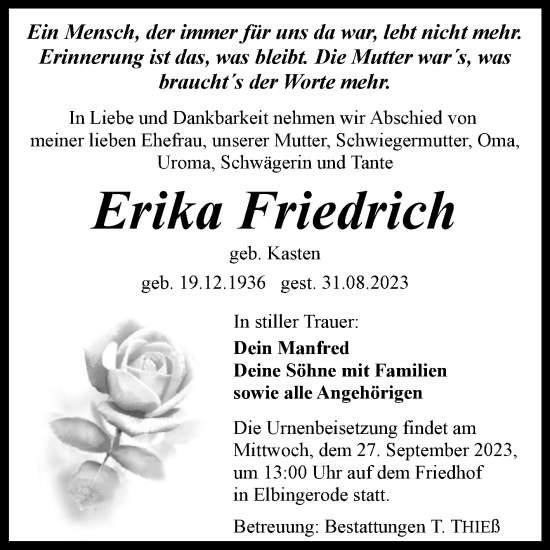 Traueranzeige von Erika Friedrich von Volksstimme Wernigerode