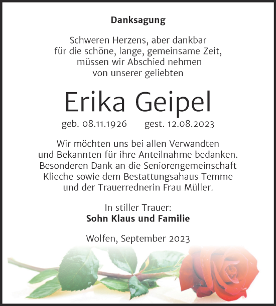Traueranzeige von Erika Geipel von Trauerkombi Bitterfeld