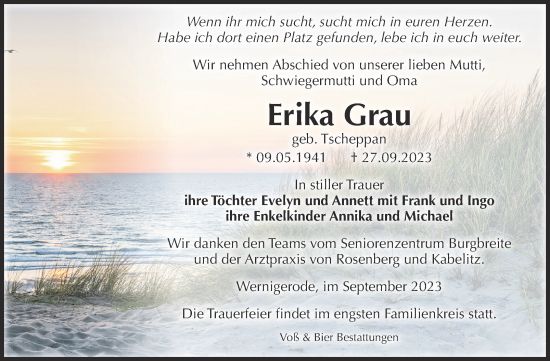 Traueranzeige von Erika Grau von Volksstimme Wernigerode