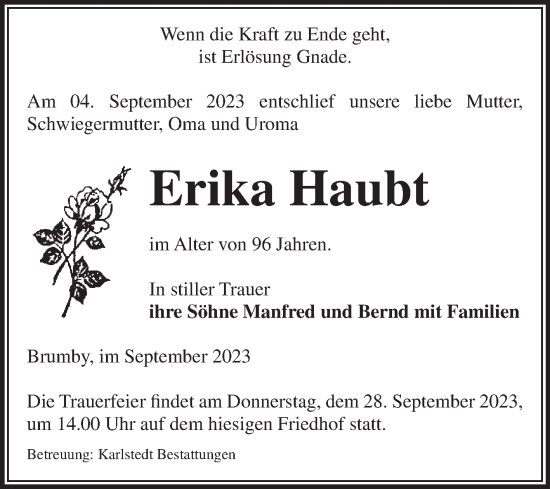 Traueranzeige von Erika Haubt von Volksstimme Schönebeck