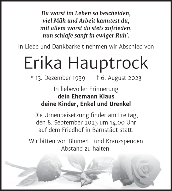 Traueranzeige von Erika Hauptrock von Trauerkombi Merseburg