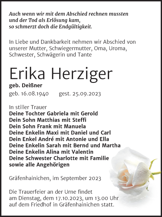 Traueranzeige von Erika Herziger von Trauerkombi Wittenberg
