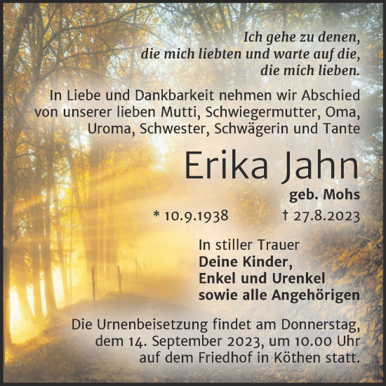 Traueranzeige von Erika Jahn von Trauerkombi Köthen