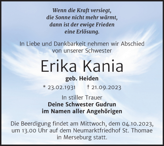Traueranzeige von Erika Kania von Trauerkombi Merseburg