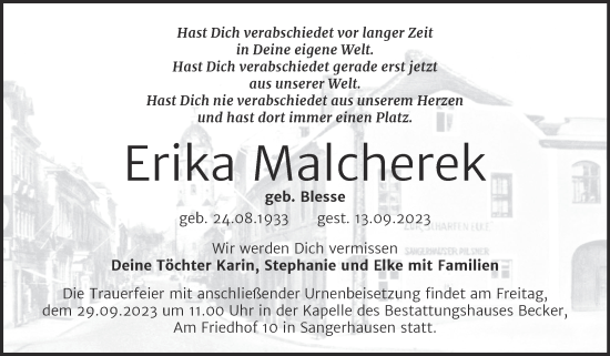 Traueranzeige von Erika Malcherek von Trauerkombi Sangerhausen