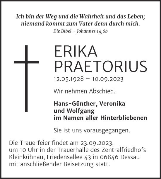 Traueranzeige von Erika Praetorius von Trauerkombi Dessau
