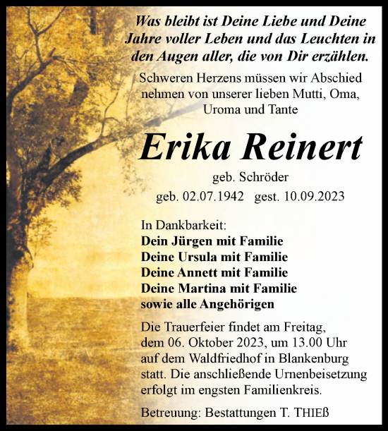 Traueranzeige von Erika Reinert von Volksstimme Wernigerode