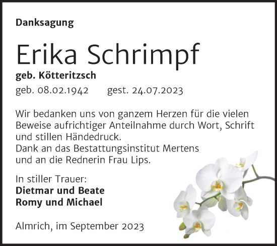 Traueranzeige von Erika Schrimpf von Wochenspiegel Naumburg/Nebra