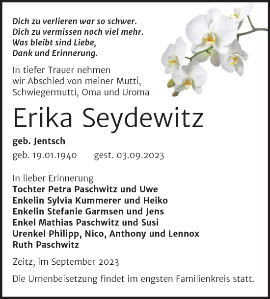 Traueranzeige von Erika Seydewitz von Trauerkombi Zeitz