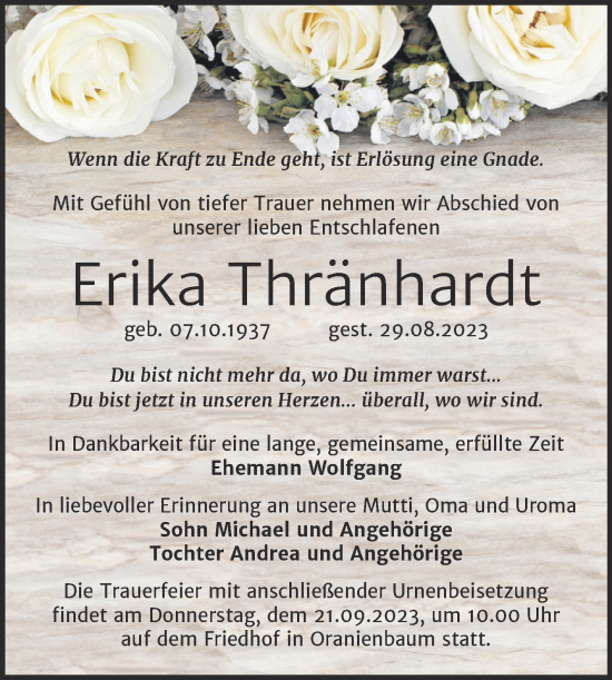 Traueranzeige von Erika Thränhardt von Trauerkombi Wittenberg