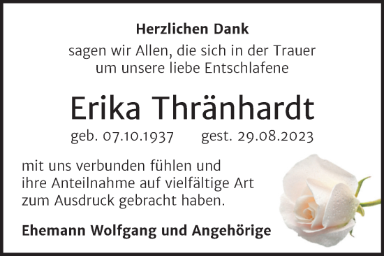 Traueranzeige von Erika Thränhardt von Trauerkombi Wittenberg