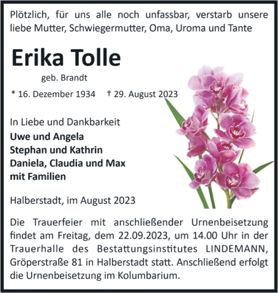 Traueranzeige von Erika Tolle von Volksstimme Halberstadt