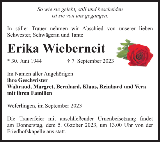 Traueranzeige von Erika Wieberneit von Volksstimme Haldensleben/Wolmirstedt