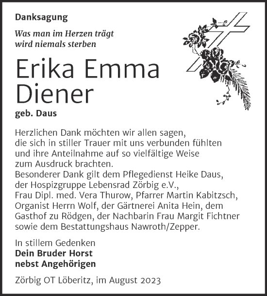 Traueranzeige von Erika Emma Diener von Trauerkombi Bitterfeld