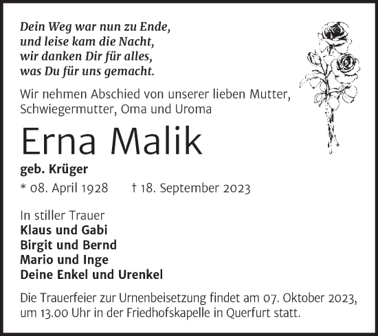 Traueranzeige von Erna Malik von Trauerkombi Merseburg