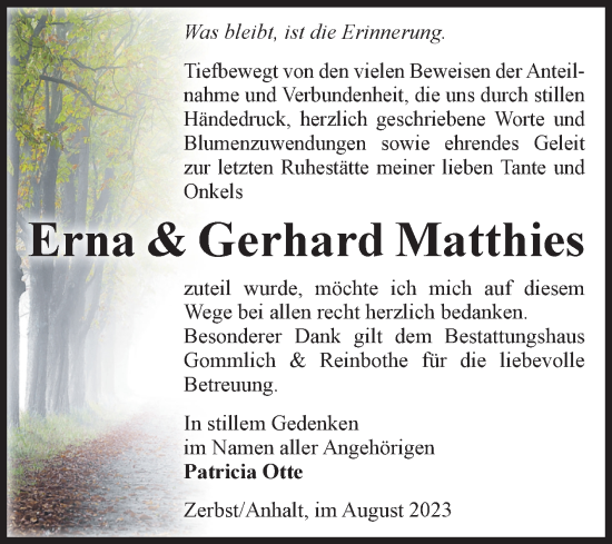 Traueranzeige von Erna und Gerhard Matthies von Volksstimme Zerbst