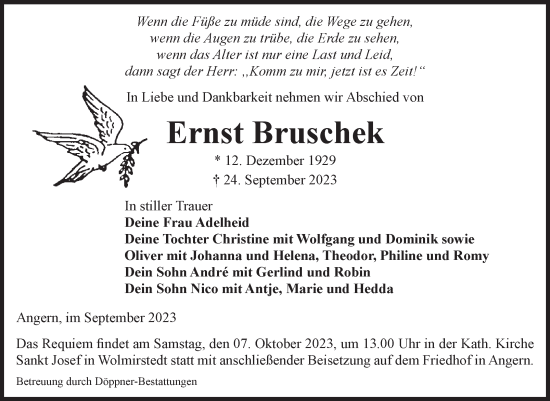 Traueranzeige von Ernst Bruschek von Volksstimme Altmark Ost