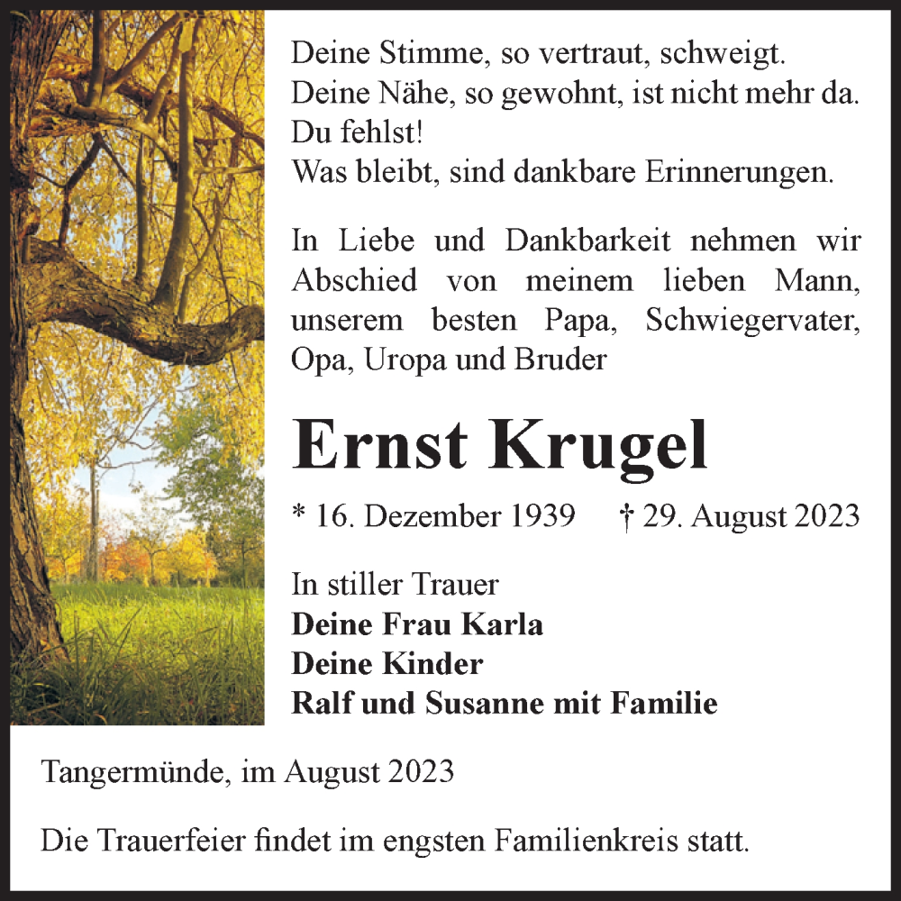  Traueranzeige für Ernst Krugel vom 02.09.2023 aus Volksstimme Altmark Ost