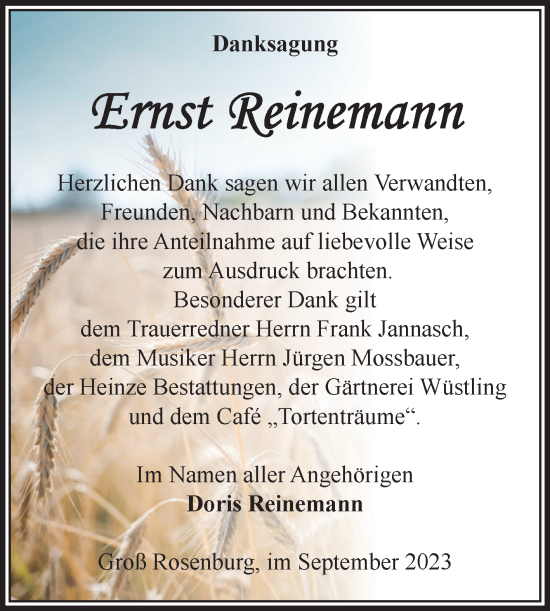 Traueranzeige von Ernst Reinemann von Volksstimme Schönebeck