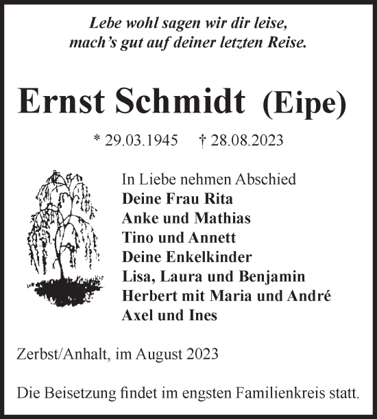 Traueranzeige von Ernst Schmidt von Volksstimme Zerbst