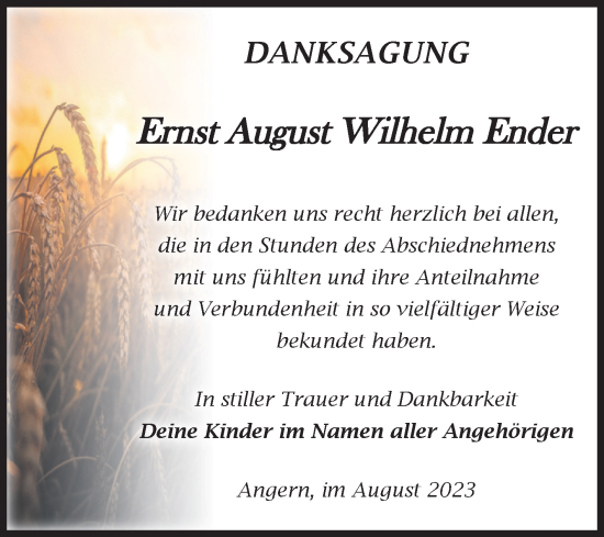 Traueranzeige von Ernst August Wilhelm Ender von Volksstimme Haldensleben/Wolmirstedt