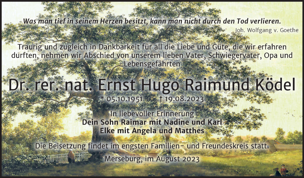  Traueranzeige für Ernst Hugo Raimund Ködel vom 09.09.2023 aus Trauerkombi Merseburg