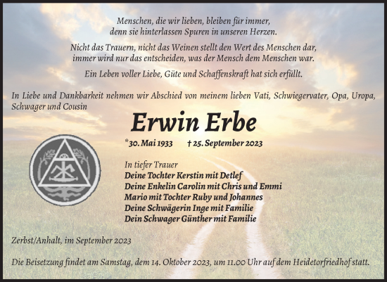 Traueranzeige von Erwin Erbe von Volksstimme Zerbst