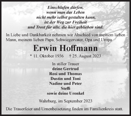 Traueranzeige von Erwin Hoffmann von Volksstimme Altmark Ost