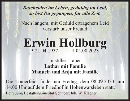 Traueranzeige von Erwin Hollburg von Volksstimme Haldensleben/Wolmirstedt