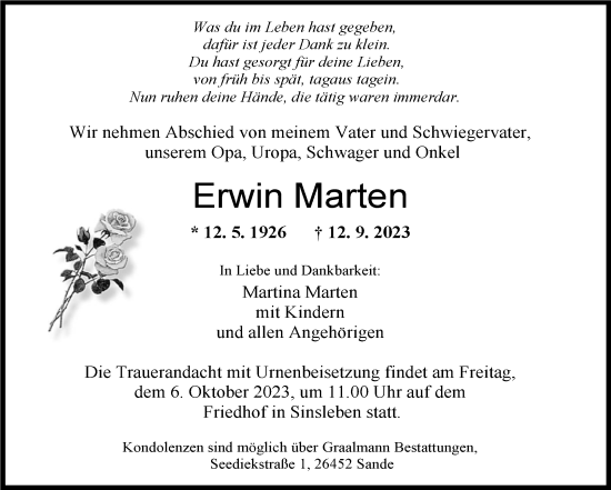 Traueranzeige von Erwin Marten von Super Sonntag Quedlingburg