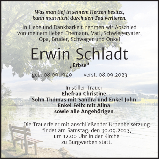 Traueranzeige von Erwin Schladt von Trauerkombi Weißenfels