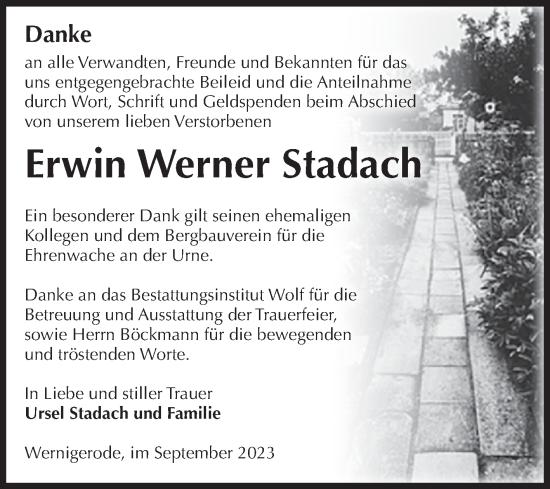 Traueranzeige von Erwin Werner Stadach von Volksstimme Wernigerode
