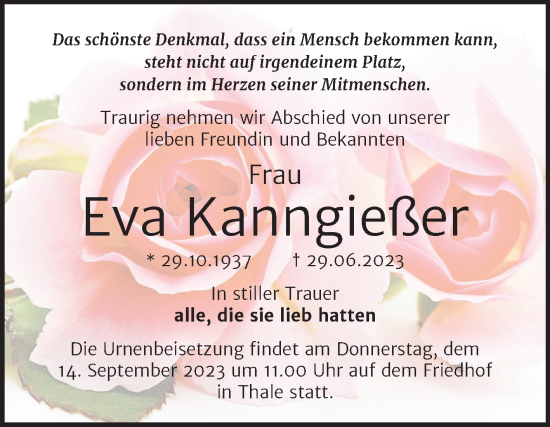 Traueranzeige von Eva Kanngießer von Trauerkombi Quedlinburg