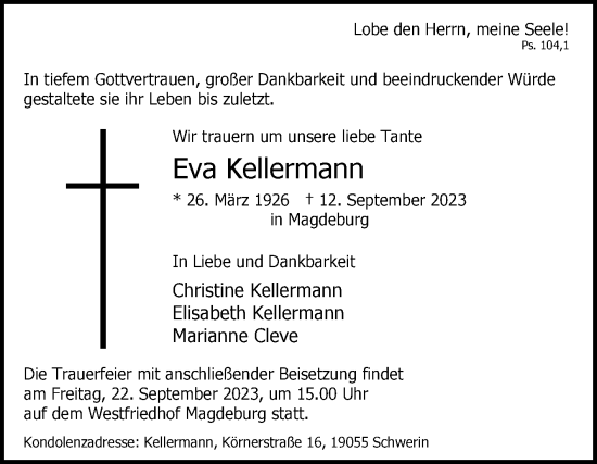 Traueranzeige von Eva Kellermann von Volksstimme Magdeburg