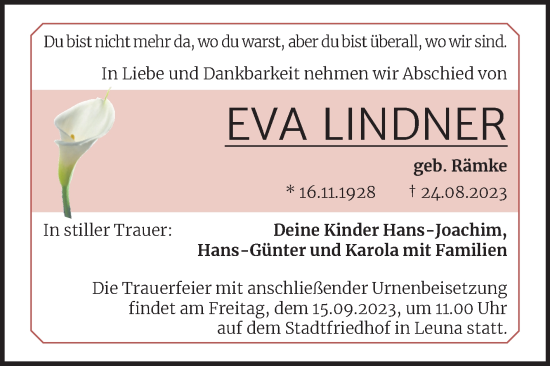 Traueranzeige von Eva Lindner von Trauerkombi Merseburg