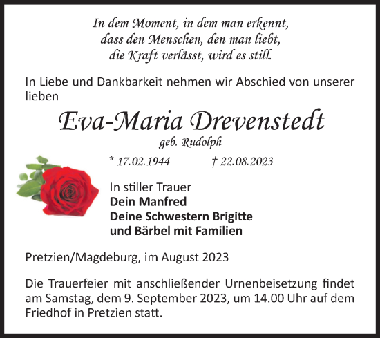 Traueranzeige von Eva-Maria Drevenstedt von Volksstimme Magdeburg