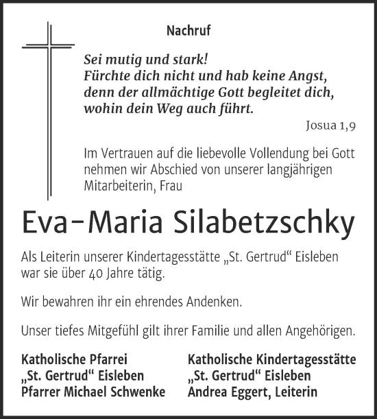 Traueranzeige von Eva-Maria Silabetzschky von Wochenspiegel Mansfelder Land