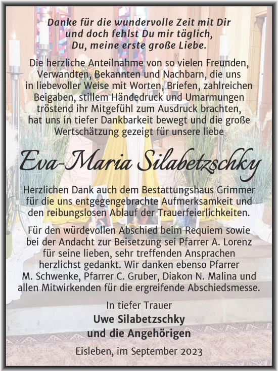 Traueranzeige von Eva-Maria Silabetzschky von Trauerkombi Mansfelder Land
