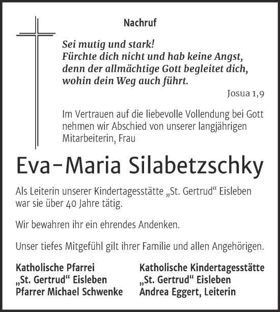 Traueranzeige von Eva-Maria Silabetzschky von Mitteldeutsche Zeitung Mansfelder Land