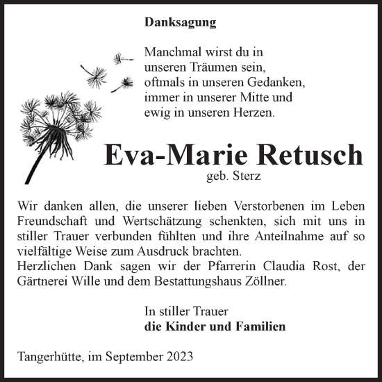 Traueranzeige von Eva-Marie Retusch von Volksstimme Altmark Ost