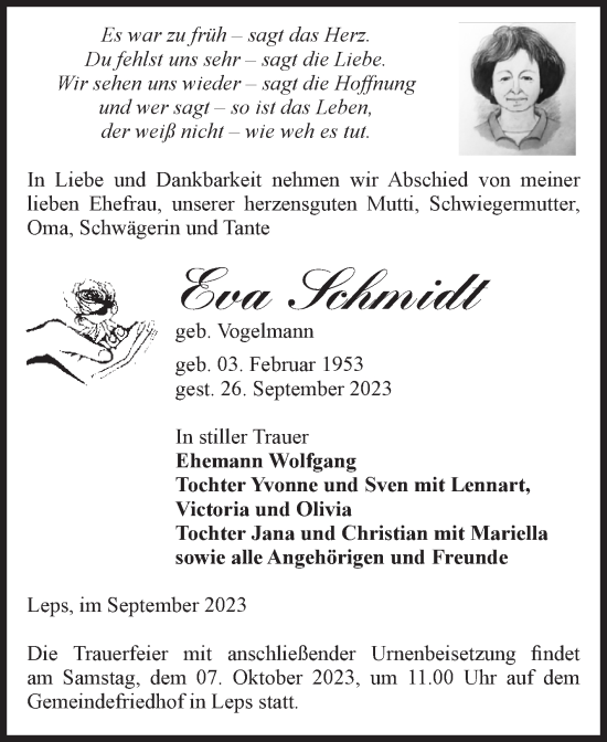 Traueranzeige von Eva Schmidt von Volksstimme Zerbst