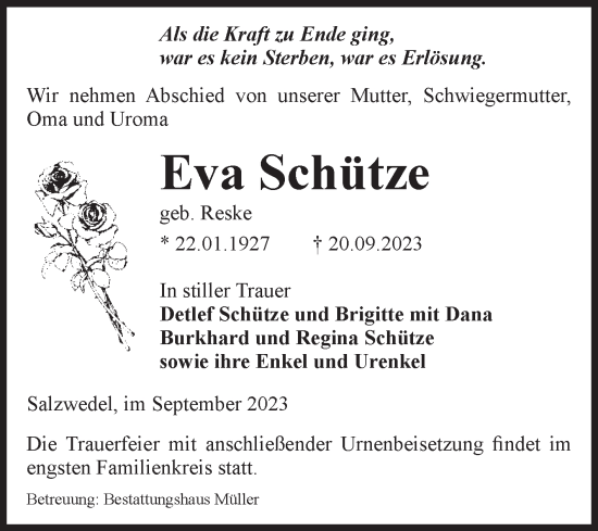 Traueranzeige von Eva Schütze 