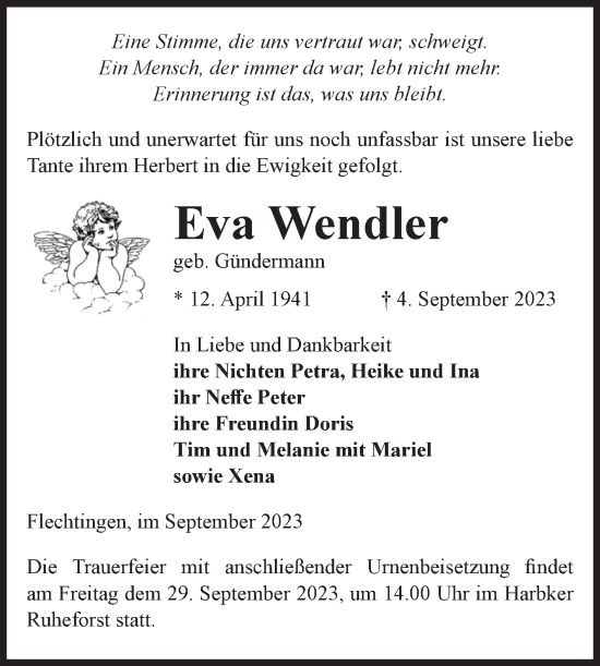 Traueranzeige von Eva Wendler von Volksstimme Haldensleben/Wolmirstedt